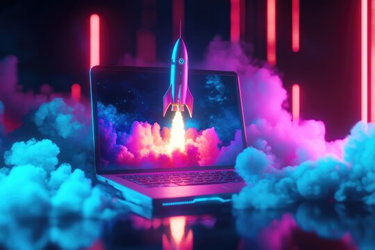 Laptop screen displays a rocket launching into space, surrounded by vibrant neon clouds