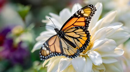 Naklejka premium Monarch Butterfly on White Dahlia Flower in Sunny Garden