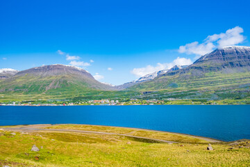 Town of Reydarfjordur in east Iceland on a summer day