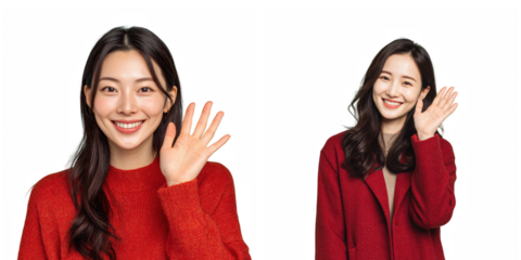 Two attractive asian women wearing red sweaters and coats wave hello girl on transparent background
