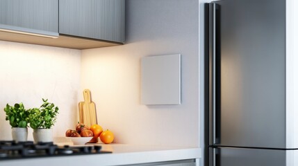 Modern kitchen countertop with fruits, herbs, cutting board, and stainless steel refrigerator.
