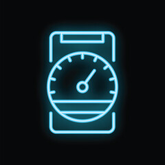 Obraz premium Glowing neon icon of a smartphone with a speedometer app, representing the concept of measuring internet speed