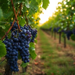 Lush Blue Grapes Ripening on Vine in Sunny Vineyard Landscape