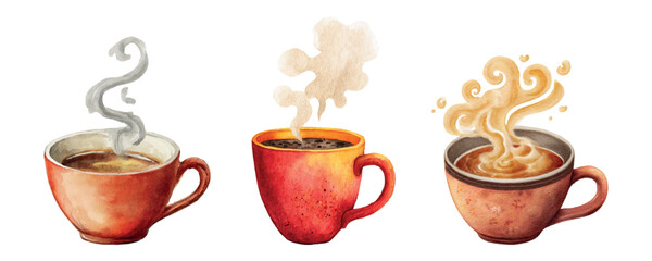 Watercolor set of cute cups with hot drink png. Ceramic cups with hot drink tea, coffee, cocoa, etc., from which steam comes. Cozy illustrations with warming drinks. Elements for cold weather.