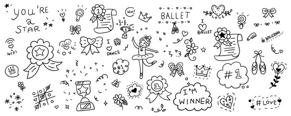 Hand drawn ballerina element line doodle concept set. Includes ballet outfit, trophy, ribbon, ballet shoes, and mirror. © FYDesign