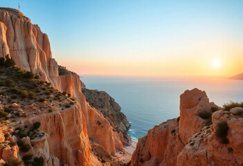 Golden sunset hues paint the dramatic cliffs of a Thassos marble quarry, reflecting on the Aegean Sea,  dramatic,  view