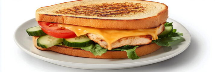 Obraz premium Delicious grilled chicken sandwich features melted cheese, fresh lettuce, cucumber slices, and tomato served on toasted bread, perfect for casual dining, banner