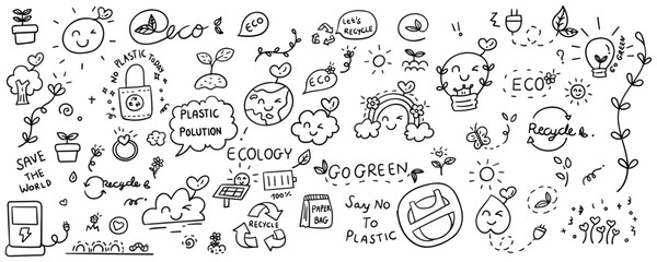 Hand drawn environmental protection element line doodle concept set. Illustration vector design.