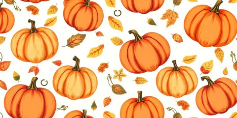 Hand-drawn autumn seamless pattern featuring cute pumpkins and leaves Perfect for Thanksgiving,  autumnal,  print