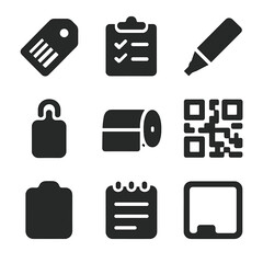 Laundry Icon Set. Solid, filled icon set of laundry labeling and tracking: barcode tag, checklist board, permanent marker, clip
