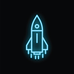 Blue neon rocket ship launching into space with trails of fire below