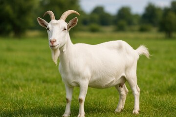 Fototapeta premium White goat standing green field.