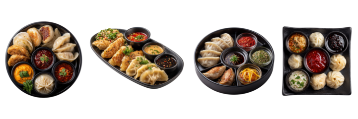 Set of Delicious assortment of dumplings and sauces on different platter isolated on a transparent background