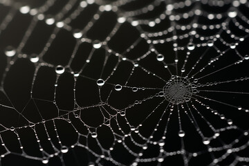 Fototapeta premium A spiderweb covered in water droplets against a dark blurred background