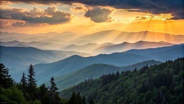 Majestic mountain layers bathed in golden sunbeams breaking through dramatic clouds at sunrise