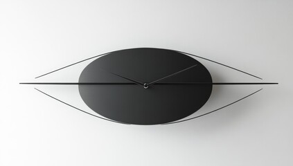 A minimalist black clock, shaped like an eye, hangs on a white wall.  Thin black lines frame a black circular clock face