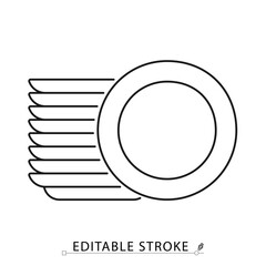 A stack of clean plates icon in minimalist style with editable stroke. Kitchen tableware, dishwashing result, organized dishes, household item, food serving, outline object, vector line illustration.