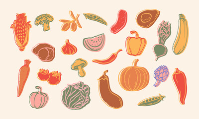 Minimalist hand drawn sketch vegetables vector illustration. Healthy organic food. Tomatoes, potato, corn, pepper, olives, avocado, pumpkin, cucumber, beet, peas. Vector.
