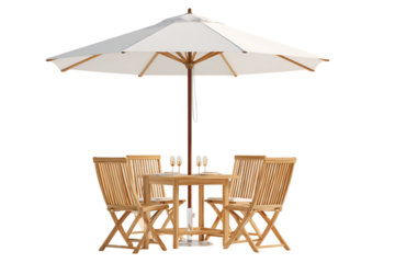 Elegant teak wood patio furniture with a white parasol. Perfect for outdoor dining and relaxation.