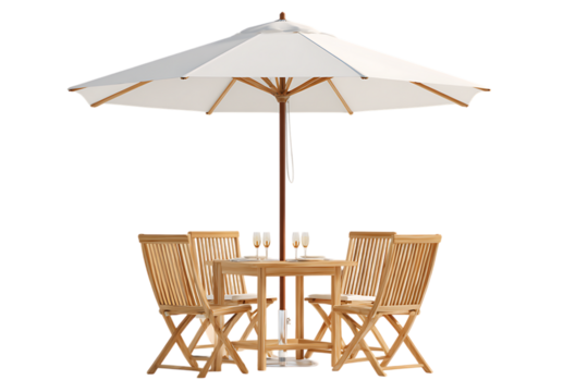 Elegant teak wood patio furniture with a white parasol. Perfect for outdoor dining and relaxation.
