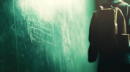 A person stands before a chalkboard covered in equations.