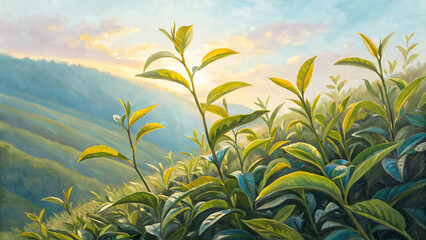 Lush Green Tea Plantation at Sunrise A Serene Landscape Painting