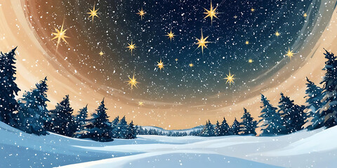 Serene Snowy Forest Under Starry Night Sky

