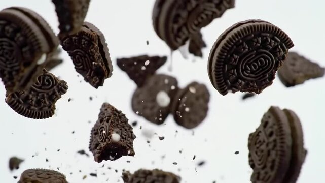 Exploding Oreo cookies with white cream filling in midair