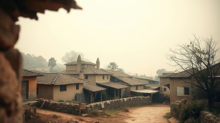Fototapeta premium Hazy village scene with clayroofed buildings stone walls and a dirt road