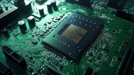 Close-up of a central processing unit (CPU) on a green circuit board.