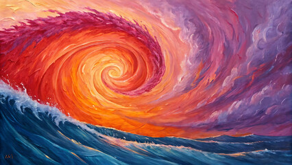 Vivid Oil Painting of a Powerful Swirling Storm over a Raging Ocean with Turbulent Waves and Colorful Sky