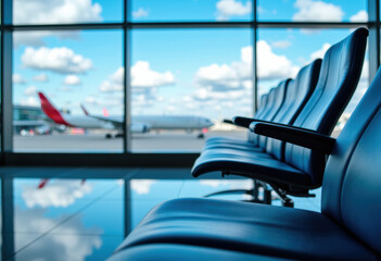 Empty airport waiting area with rows of chairs and airplanes visible through large windows