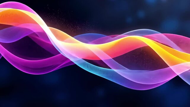 Wavy glowing lines dance across a dark background, creating a vibrant and dynamic energy flow with pink, blue and orange hues.
