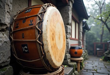 Traditional Japanese taiko drum resting against a stone wall in a serene garden
