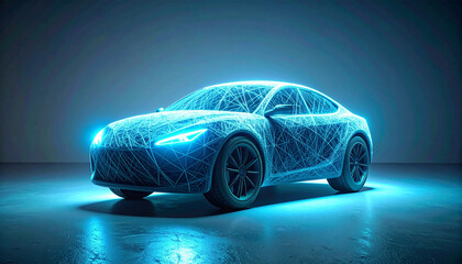 Modern electric car built from bright blue laser-like lines. Digital visualization of future transportation and design.