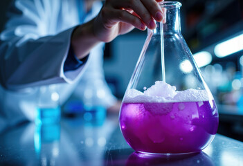 Scientist mixing chemicals in a laboratory flask with purple liquid