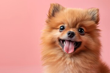 Obraz premium A cheerful Pomeranian dog smiles brightly against a pink background, showcasing its vibrant personality and fluffy fur.