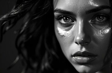 Fototapeta premium Intense black and white portrait of a woman with striking facial features and expressive eyes