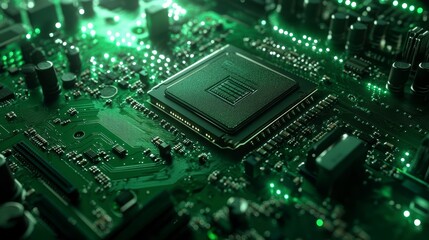 Close-up of a computer motherboard with a central processing unit (CPU) glowing green.