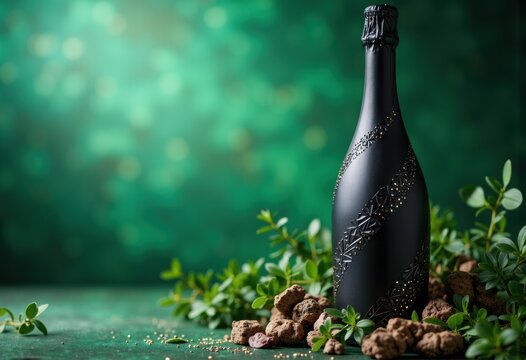 Elegant black champagne bottle with decorative design surrounded by rocks and greenery