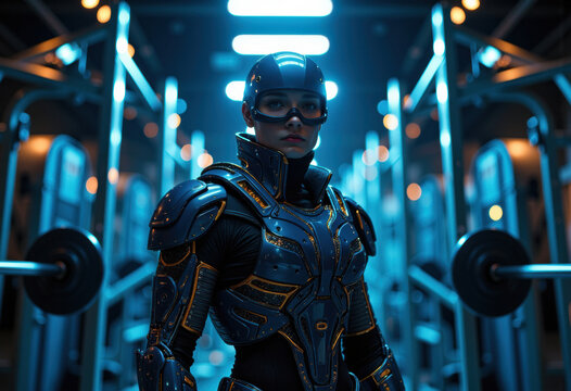 Female cyborg in futuristic armor standing in a high-tech gym with bright blue lighting