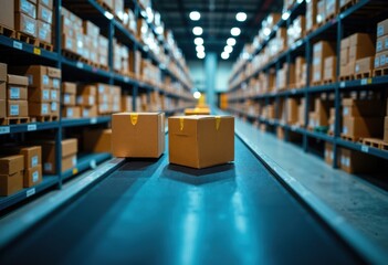 Warehouse aisle with cardboard boxes on a conveyor belt in a modern storage facility
