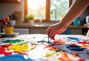 Fototapeta premium Child's hand dips brush into colorful paint on a creative art table in a bright kitchen
