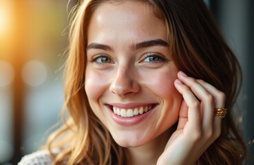Close-up of a smiling young woman with clear skin and bright eyes
