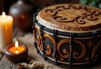 Traditional hand drum with intricate carvings and warm candlelight ambiance