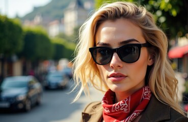 Stylish woman with blonde hair wearing sunglasses and a red scarf outdoors on a sunny day