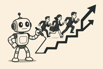 AI guiding human careers concept. Robot draws a growth chart for business team running to success. Metaphor for career path, automation, corporate development, ambition. Vector.