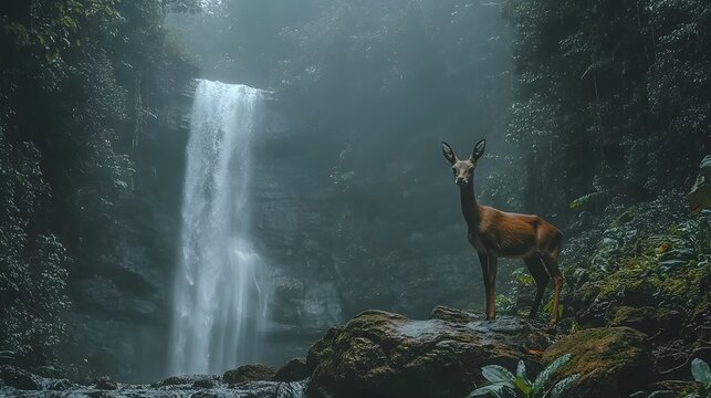 Saola standing nar a misty waterfall in the Annamite Mountains