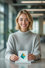 A smiling young woman with blonde hair holds a small business card in a modern office setting.