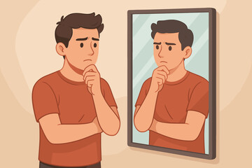 Man looking at his sad reflection in the mirror. Concept of self-reflection, introspection, personal assessment. Low self-esteem, anxiety, doubt. Mental health vector illustration.